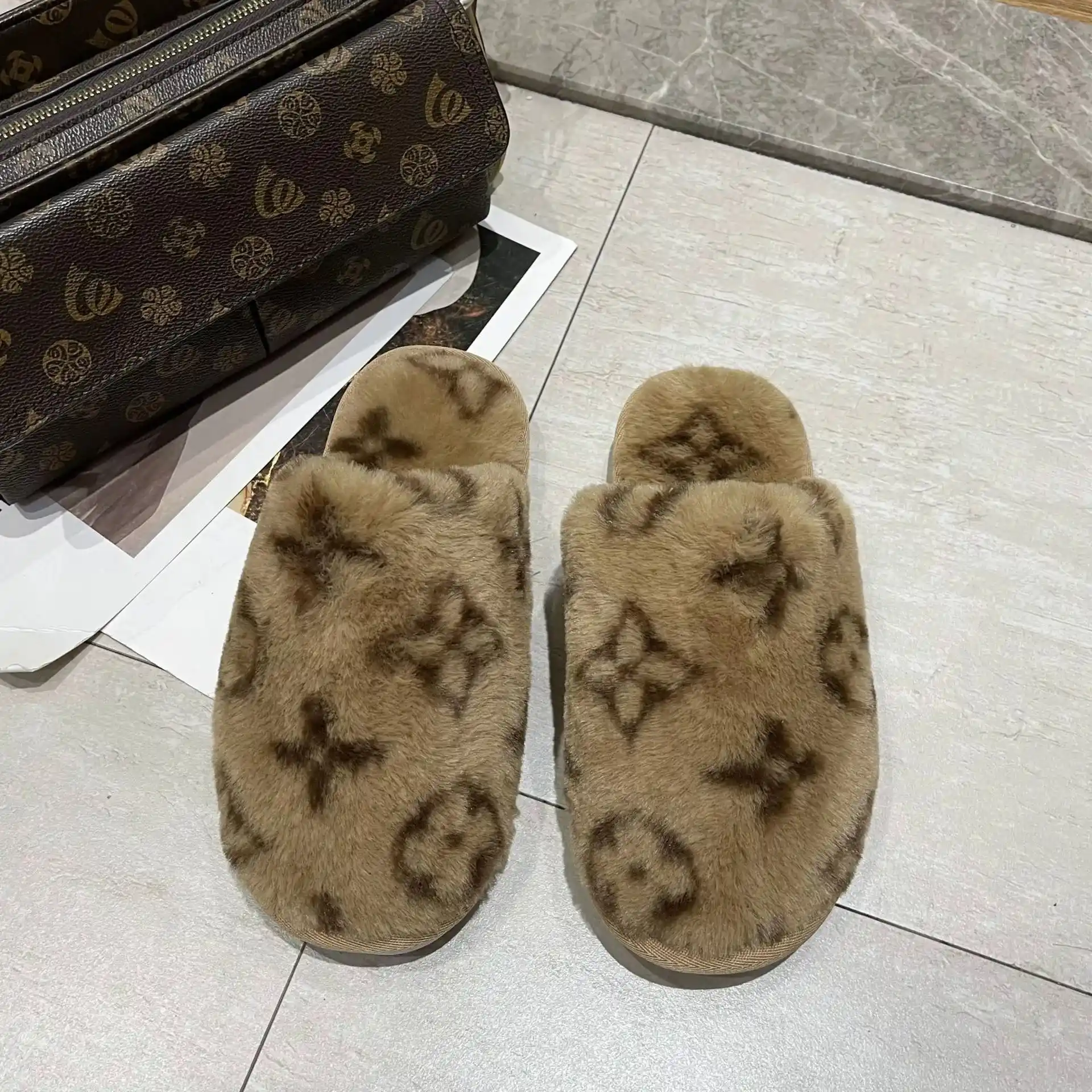 Louis Vuitton Monogram Faux Fur Slippers